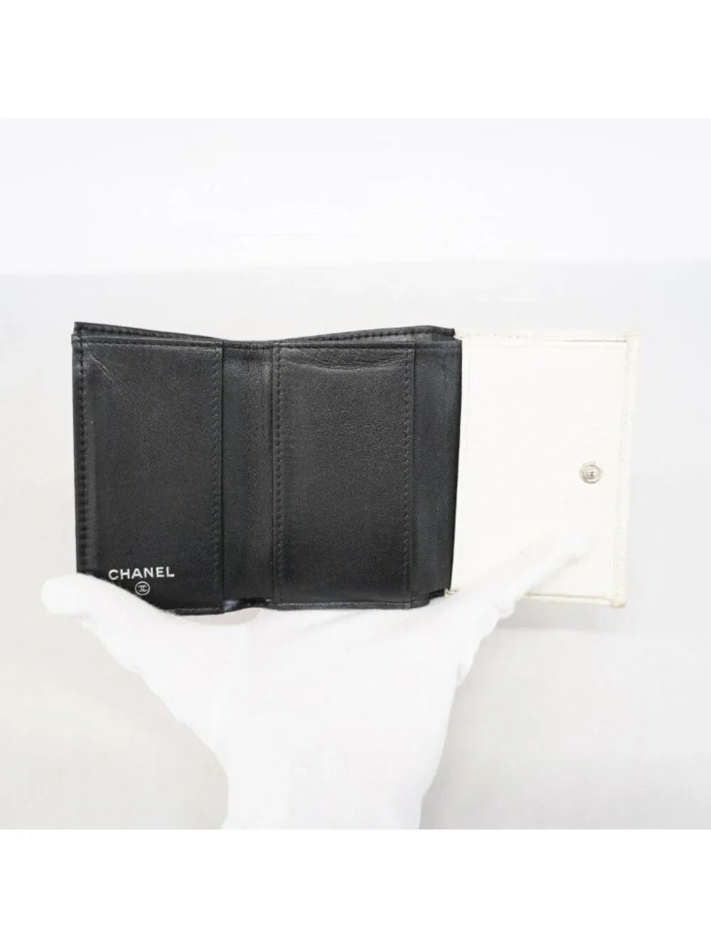 Chanel Trifold Wallet Quilted Caviar Leather White Silver